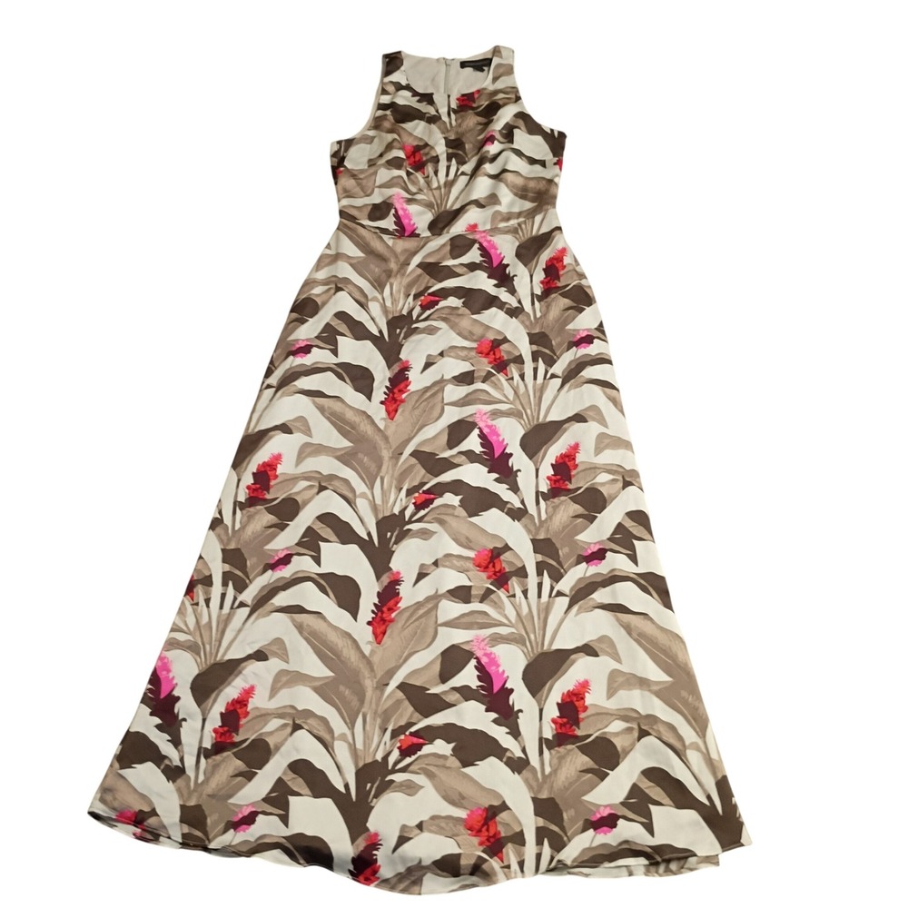 Banana Republic Maxi Dress Womens 0 Petite Brown Pink Tropical Floral Sleeveless